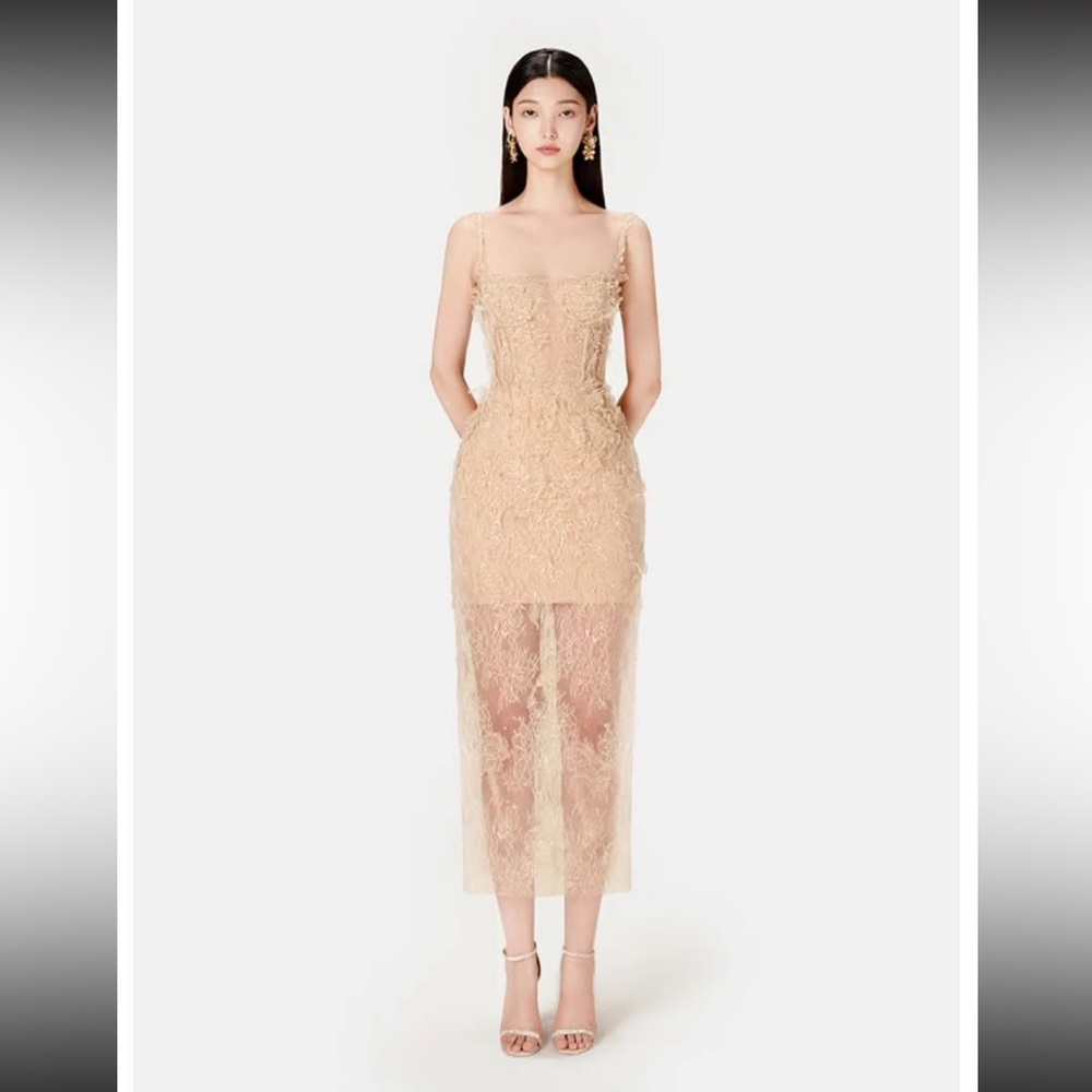 Montsand Ivory Beaded Lace Pencil Midi Dress in Nude